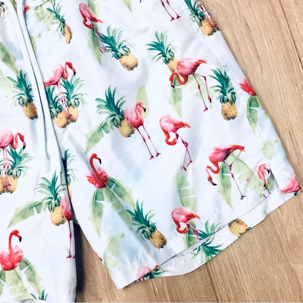 ASOS Men's White Print Swim Trunks shorts palm trees pineapples beachy small